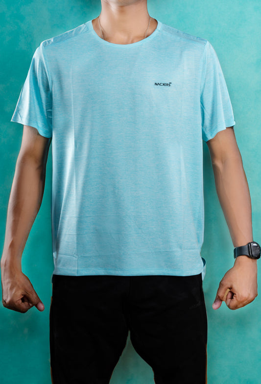 NACKERS Men's Aqua Polyester Melange Half Sleeves T-shirt for Sports, Gym Sessions