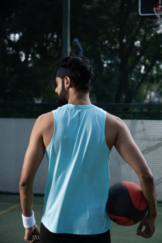 NACKERS Men's Aqua Polyester Melange Sleeveless T-shirt for Sports, Gym Sessions