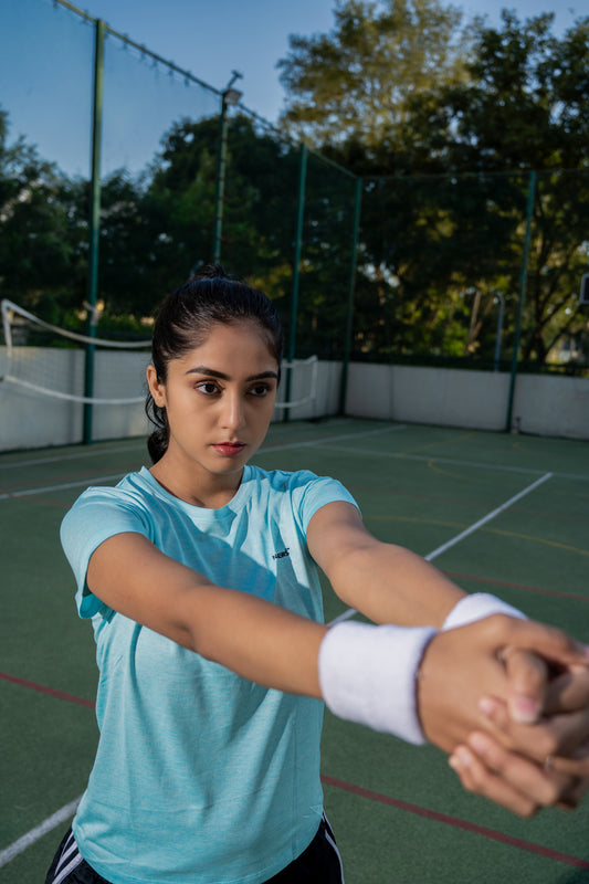 NACKERS Womens Aqua Polyster Melange Half Sleeves Tshirt