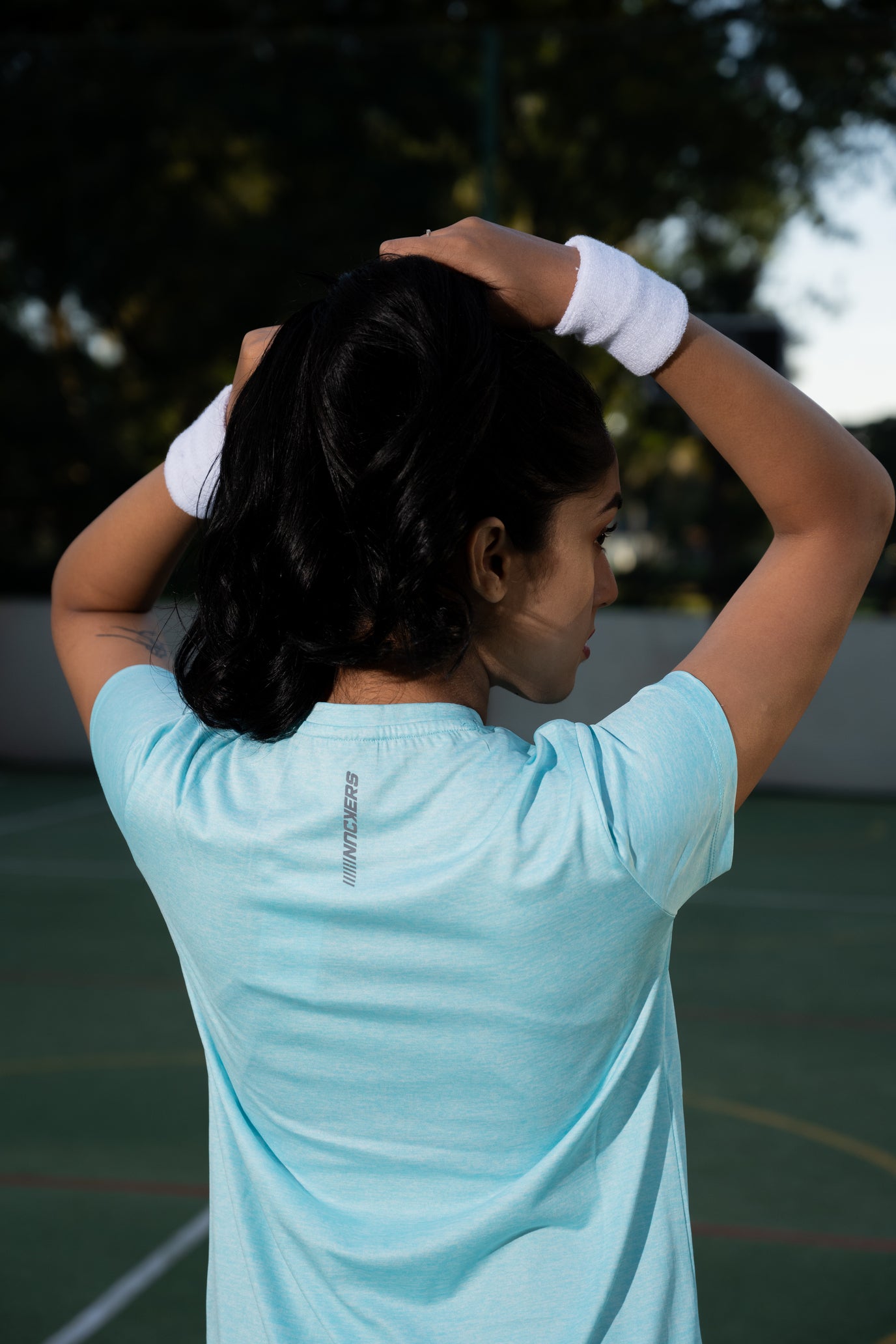 NACKERS Womens Aqua Polyster Melange Half Sleeves Tshirt