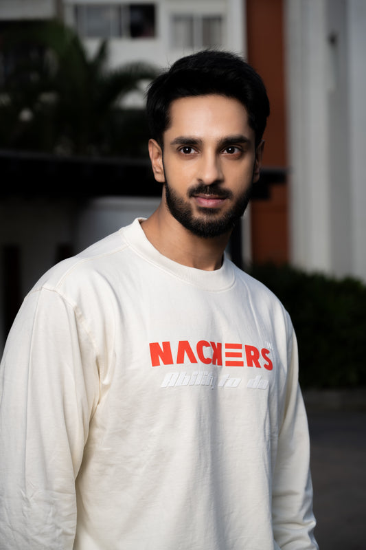 NACKERS Men's Off White Fleece Full Sleeves Sweatshirt