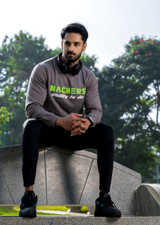 NACKERS Men's Grey 100 % Premium Cotton Full Sleeves Sweatshirt with Side Pockets