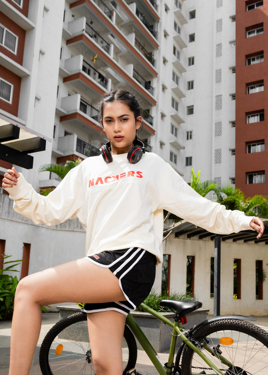 NACKERS Women's Off White Fleece Full Sleeves Sweatshirt