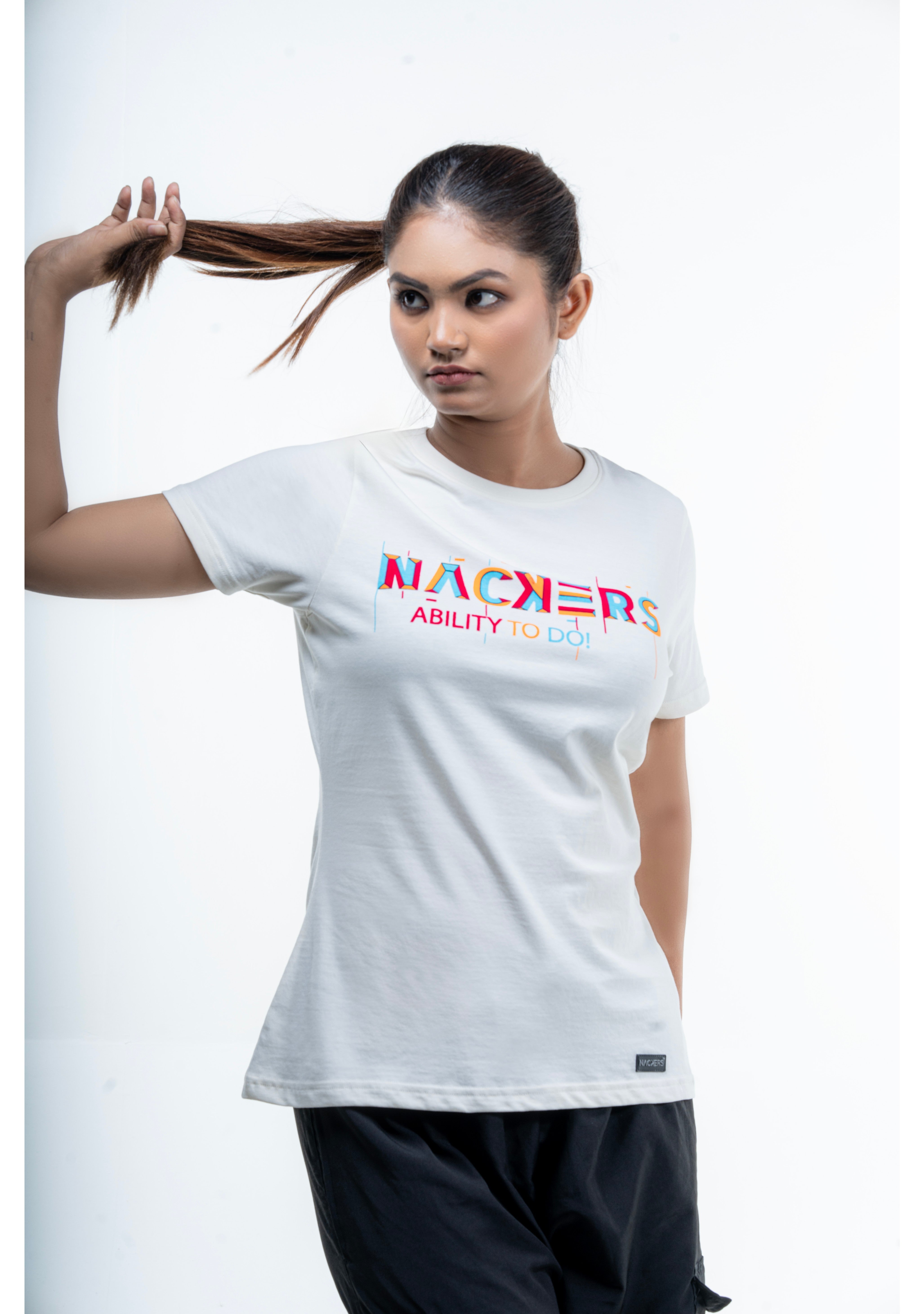 NACKERS Womens Whisper White 100% Super Combed Premium Cotton Half Sleeves Regular Tshirt