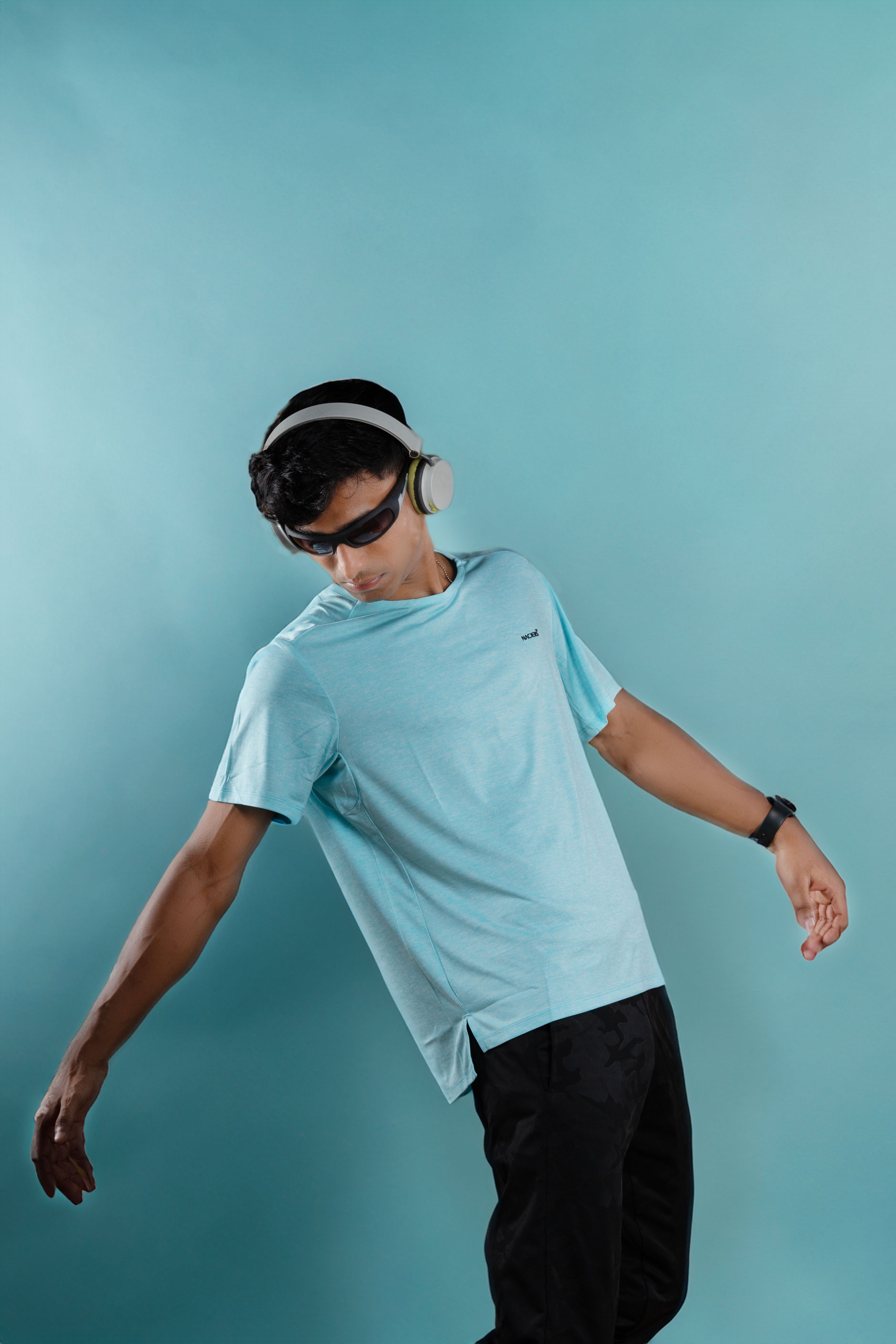 NACKERS Men's Aqua Polyester Melange Half Sleeves T-shirt for Sports, Gym Sessions