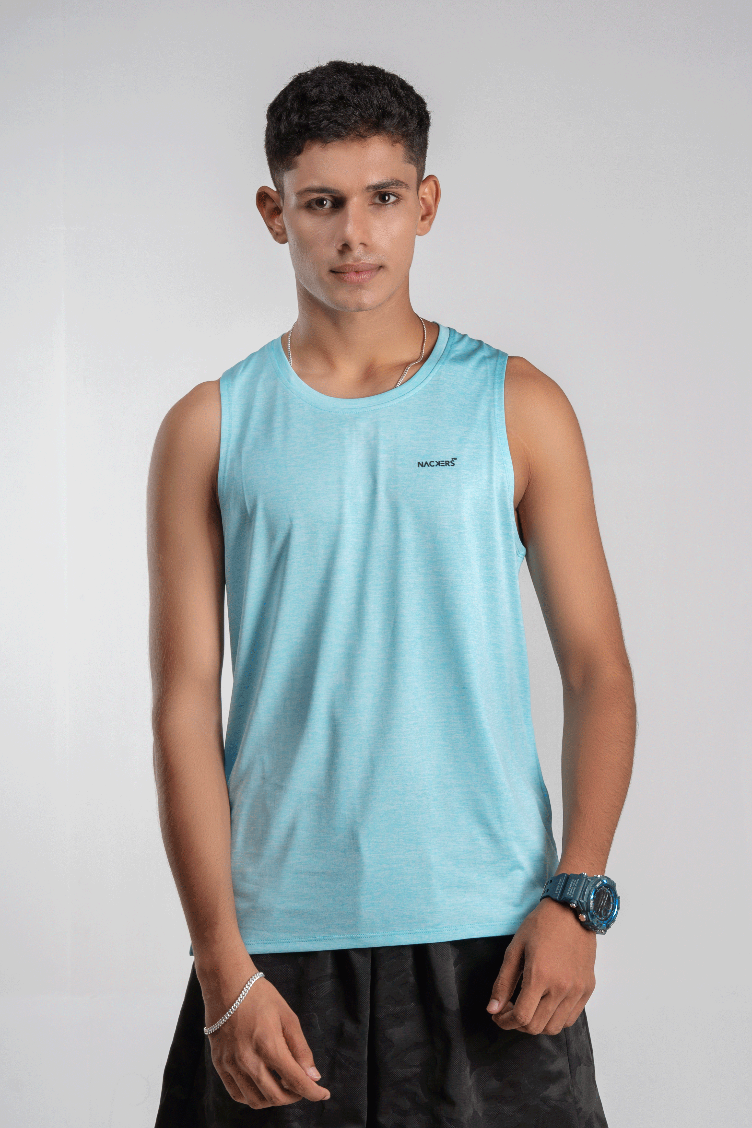 NACKERS Men's Aqua Polyester Melange Sleeveless T-shirt for Sports, Gym Sessions