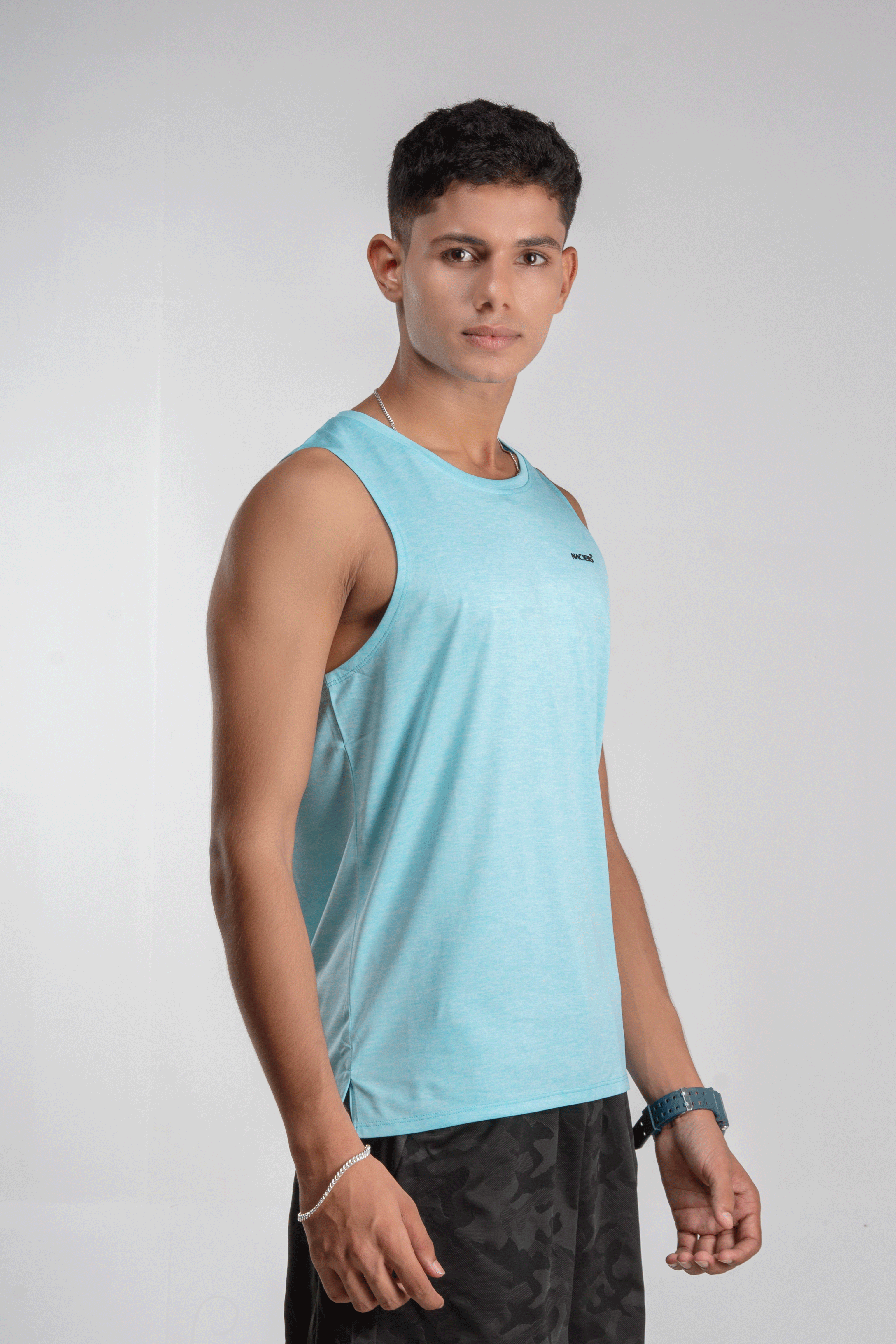 NACKERS Men's Aqua Polyester Melange Sleeveless T-shirt for Sports, Gym Sessions