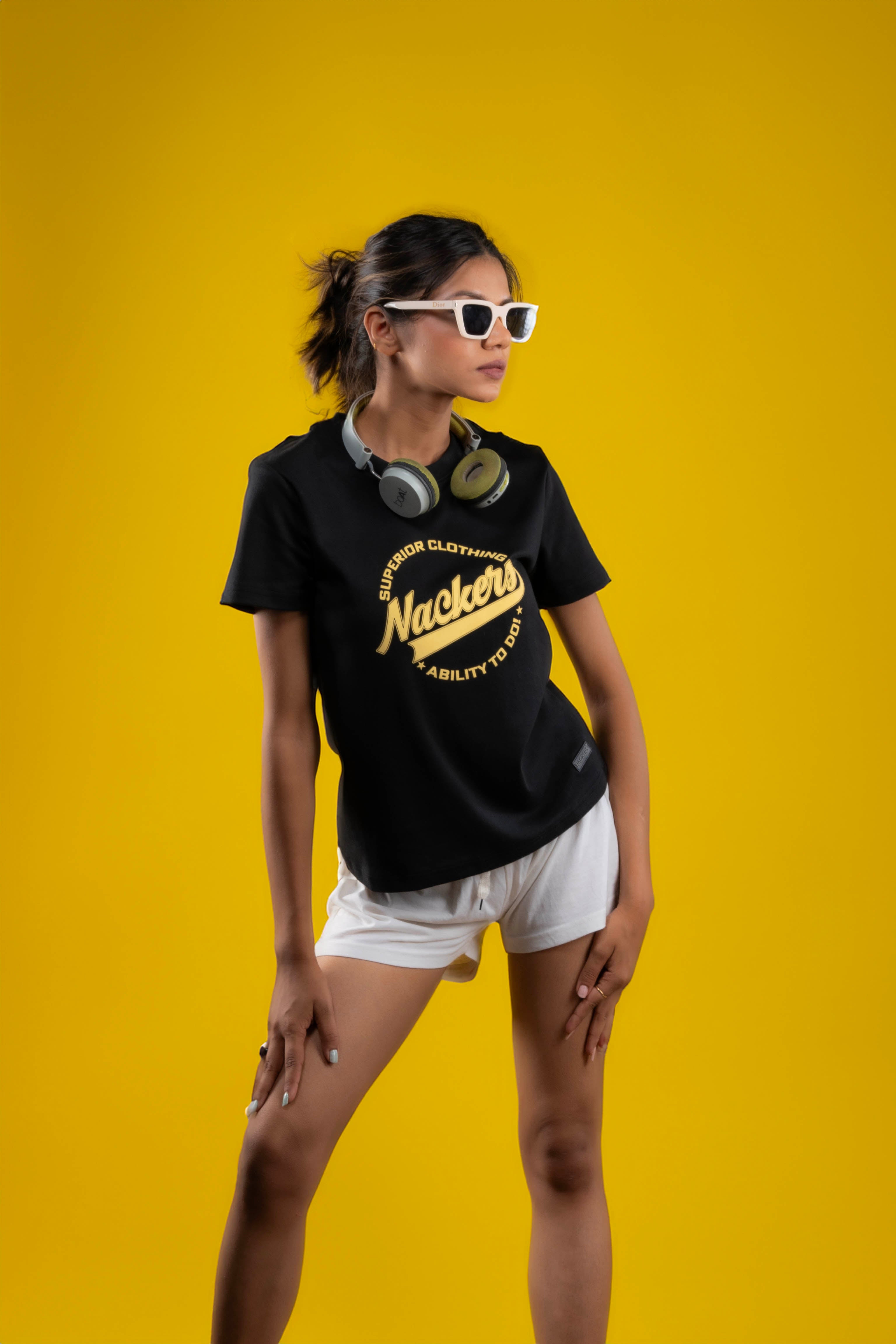 NACKERS Womens Black 100% Interlock Cotton Half Sleeves Regular Tshirt Casual Wear