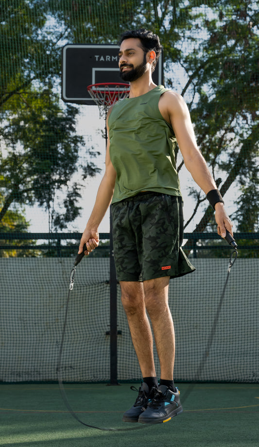 NACKERS Mens Olive Polyster Camou Jacquard Shorts for Casual, Sports, Gym Sessions