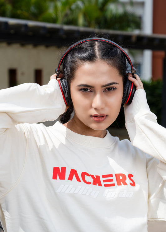 NACKERS Women's Off White Fleece Full Sleeves Sweatshirt