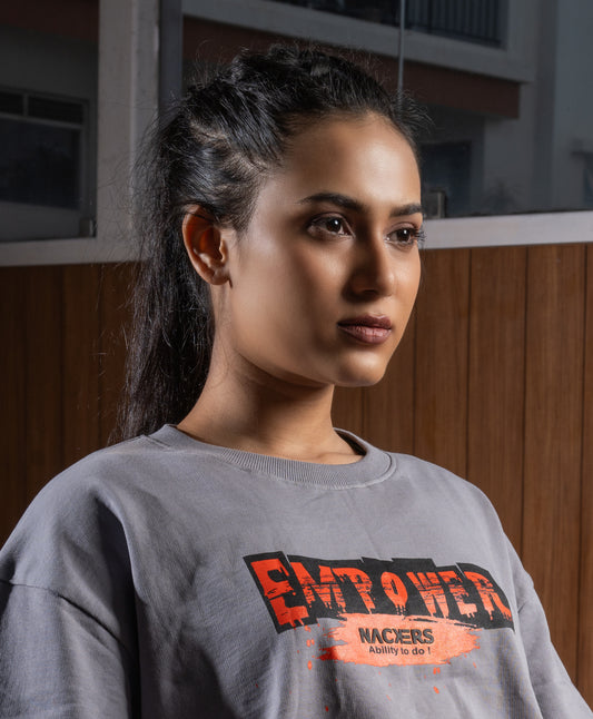 NACKERS Womens Skyrocket Grey 100% Super Combed Premium Cotton, Loopknit Cropped Oversized Tshirt