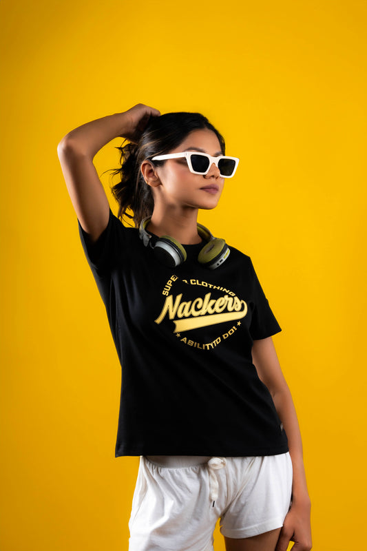NACKERS Womens Black 100% Interlock Cotton Half Sleeves Regular Tshirt Casual Wear