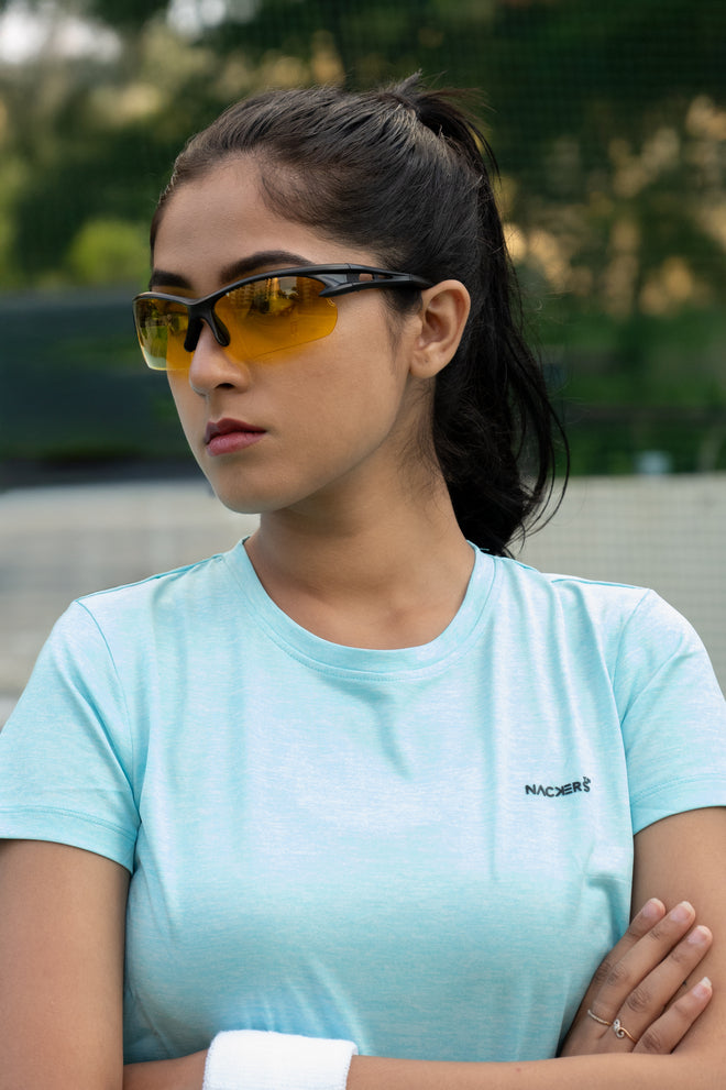 NACKERS Womens Aqua Polyster Melange Half Sleeves Tshirt