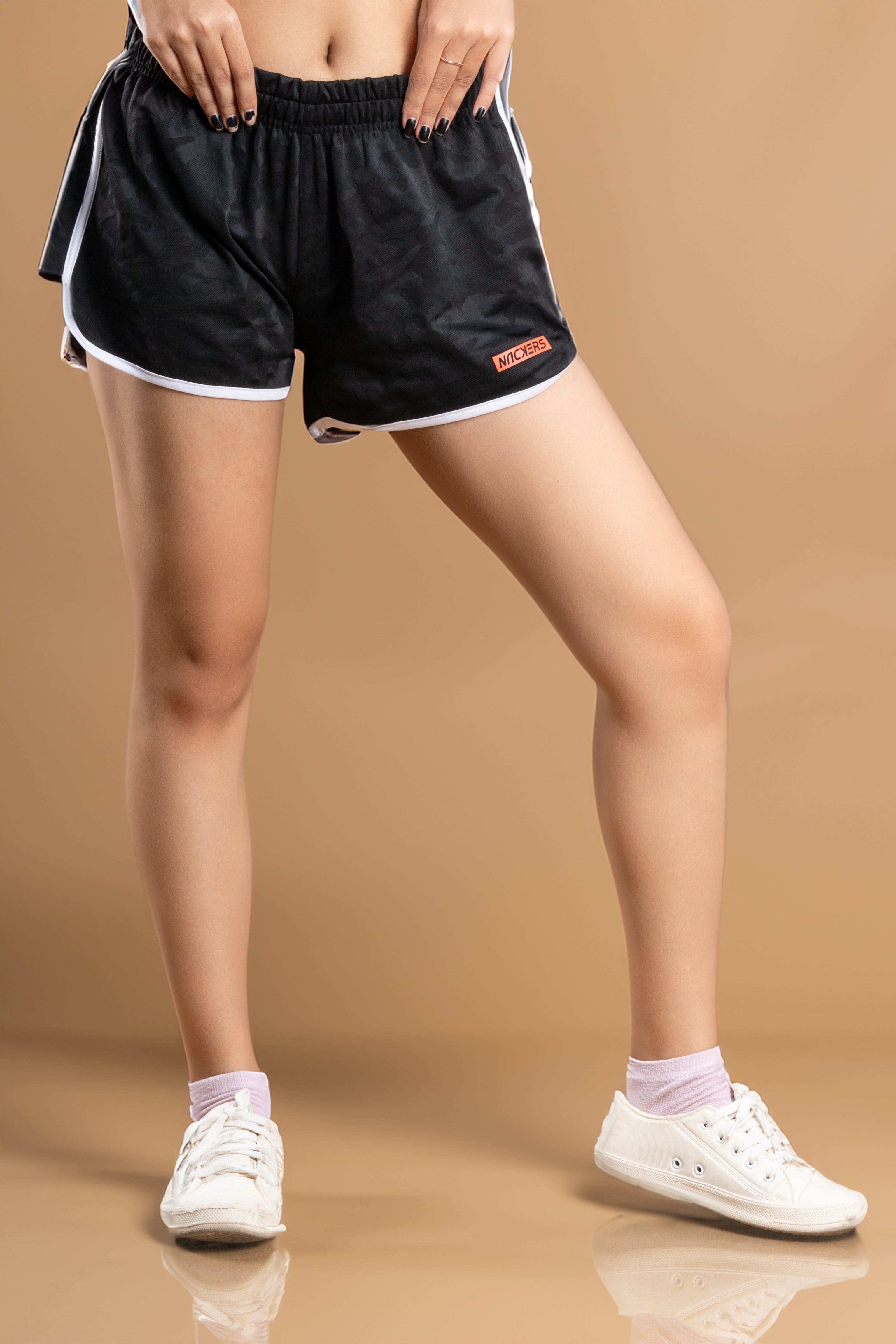 NACKERS Women's Olive Polyster Camou Jacquard Shorts for Casual, Sports, Gym Sessions